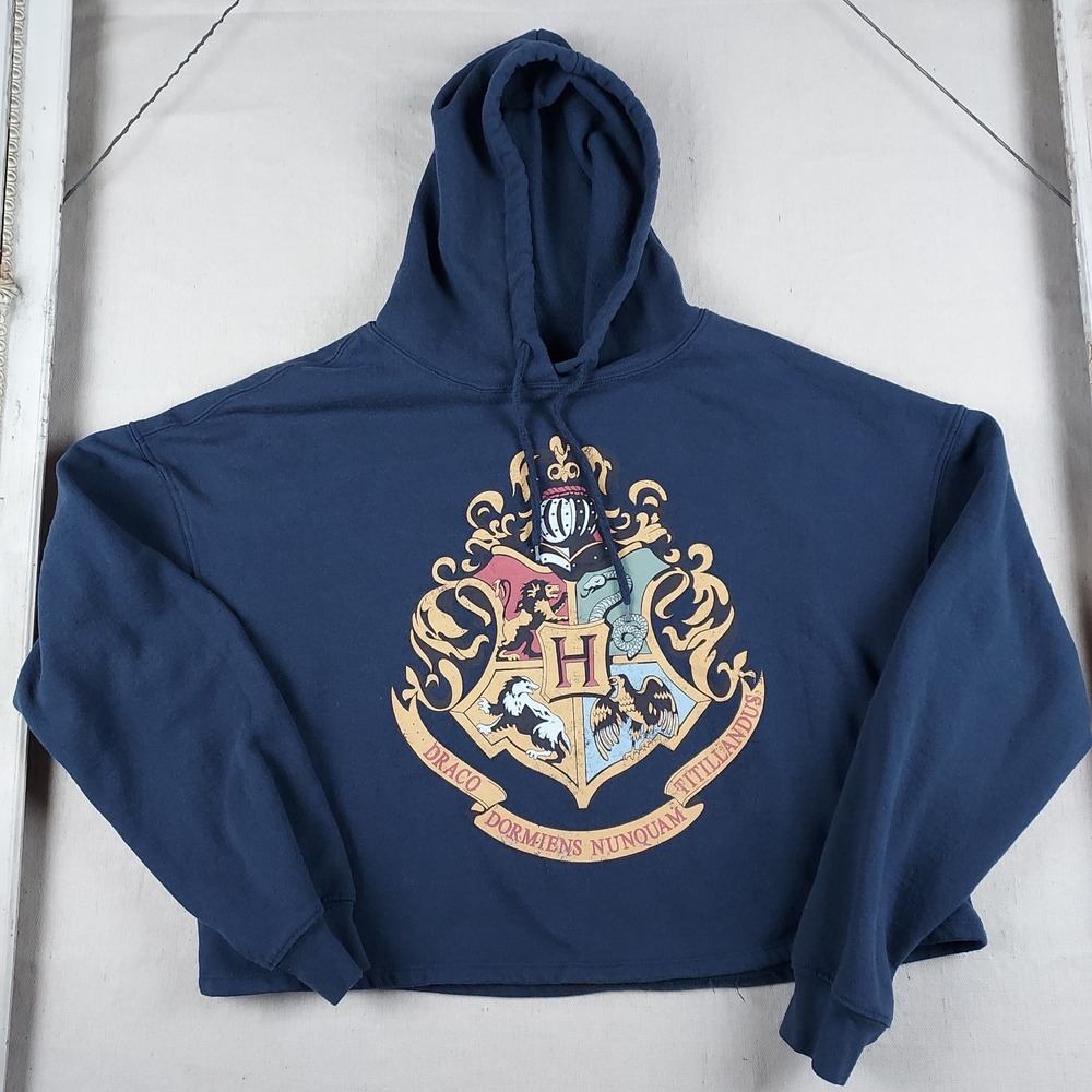 Harry Potter Hogwarts Crest Hoodie XL Blue Spellout Graphic Pullover Sweatshirt